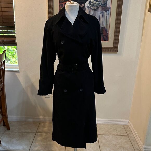 London Fog Black Long Double Breasted Trench Coat w/ Matching Belt Size 6P - Picture 7 of 15